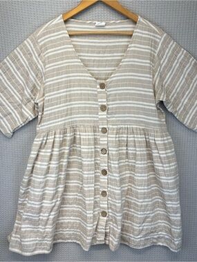By Together Tan Linen Blend Mini Dress Buttoned Striped Boho Nautical Women Sz L